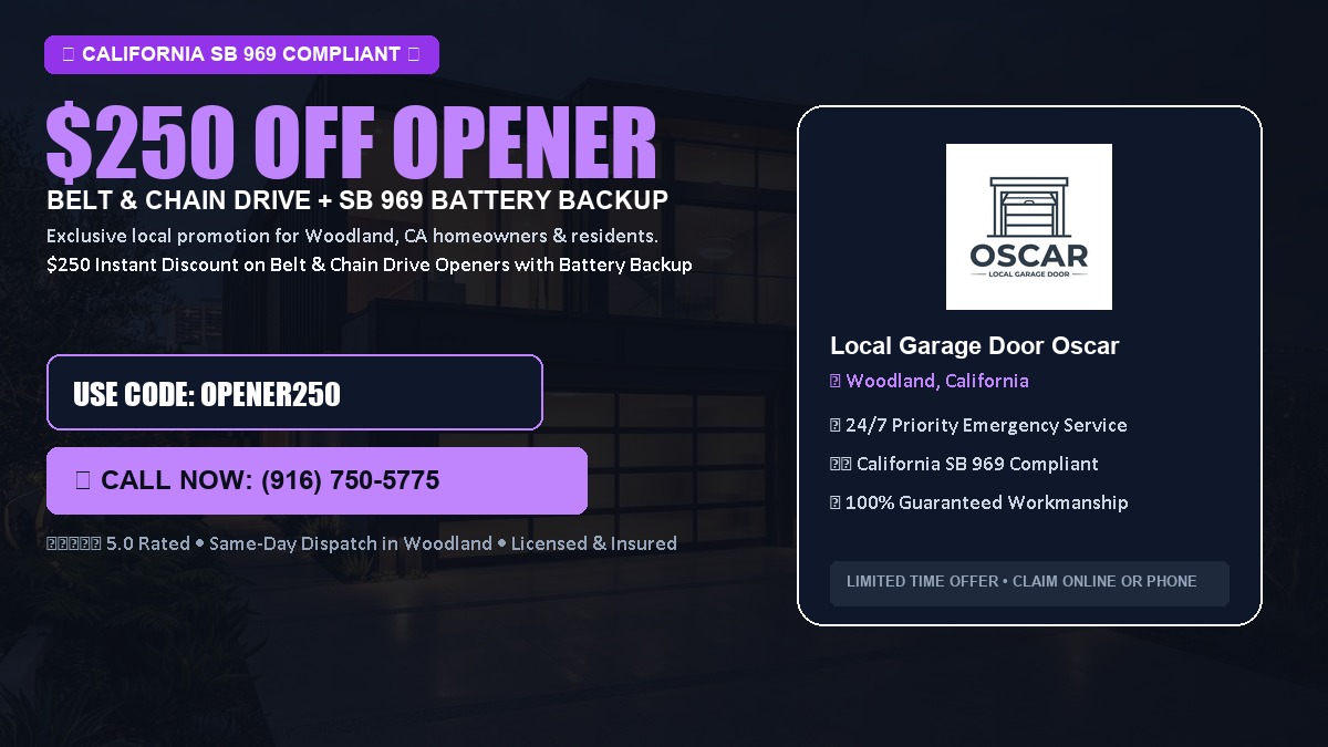 $250 OFF Smart Garage Door Opener Installation (Belt & Chain Drive with California SB 969 Battery Backup) in Woodland, CA